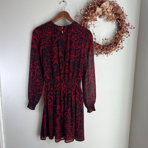 Michael Michael Kors Animal Print Smocked Waist Dress MEDIUM Red Blaze - Picture 3 of 12